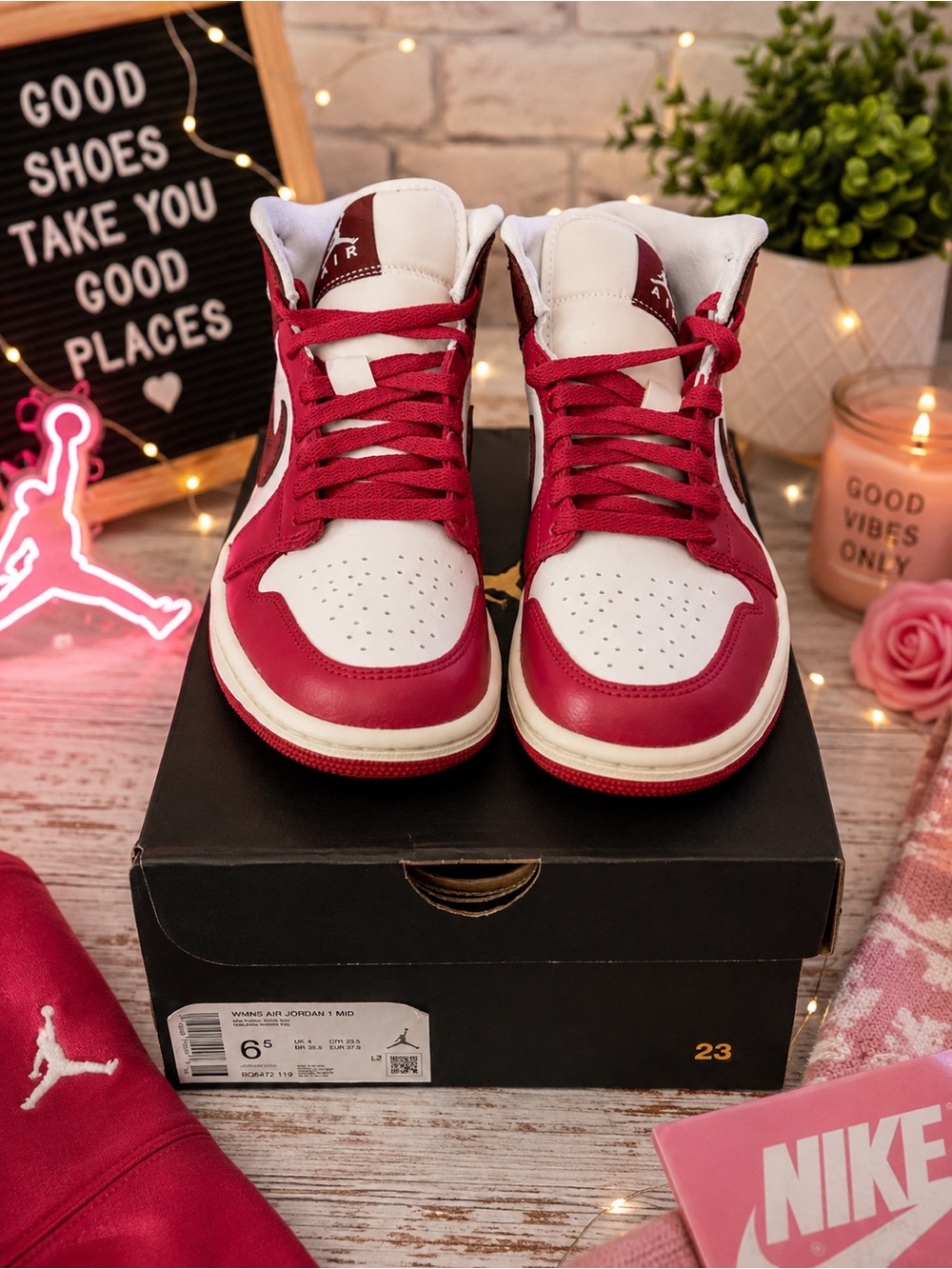 Women’s Nike Air Jordan 1 Mid White Burgundy Pink Sneakers Size 6.5